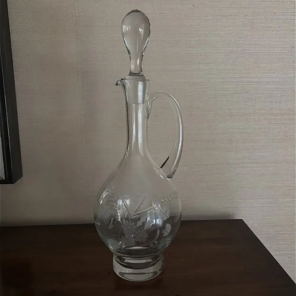 Vintage Art Glass Wine Floral Etched Decanter